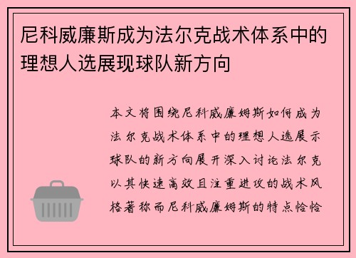 尼科威廉斯成为法尔克战术体系中的理想人选展现球队新方向