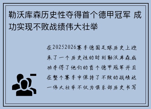 勒沃库森历史性夺得首个德甲冠军 成功实现不败战绩伟大壮举 勒沃库森历史性夺得首个德甲冠军 成功实现不败战绩伟大壮举